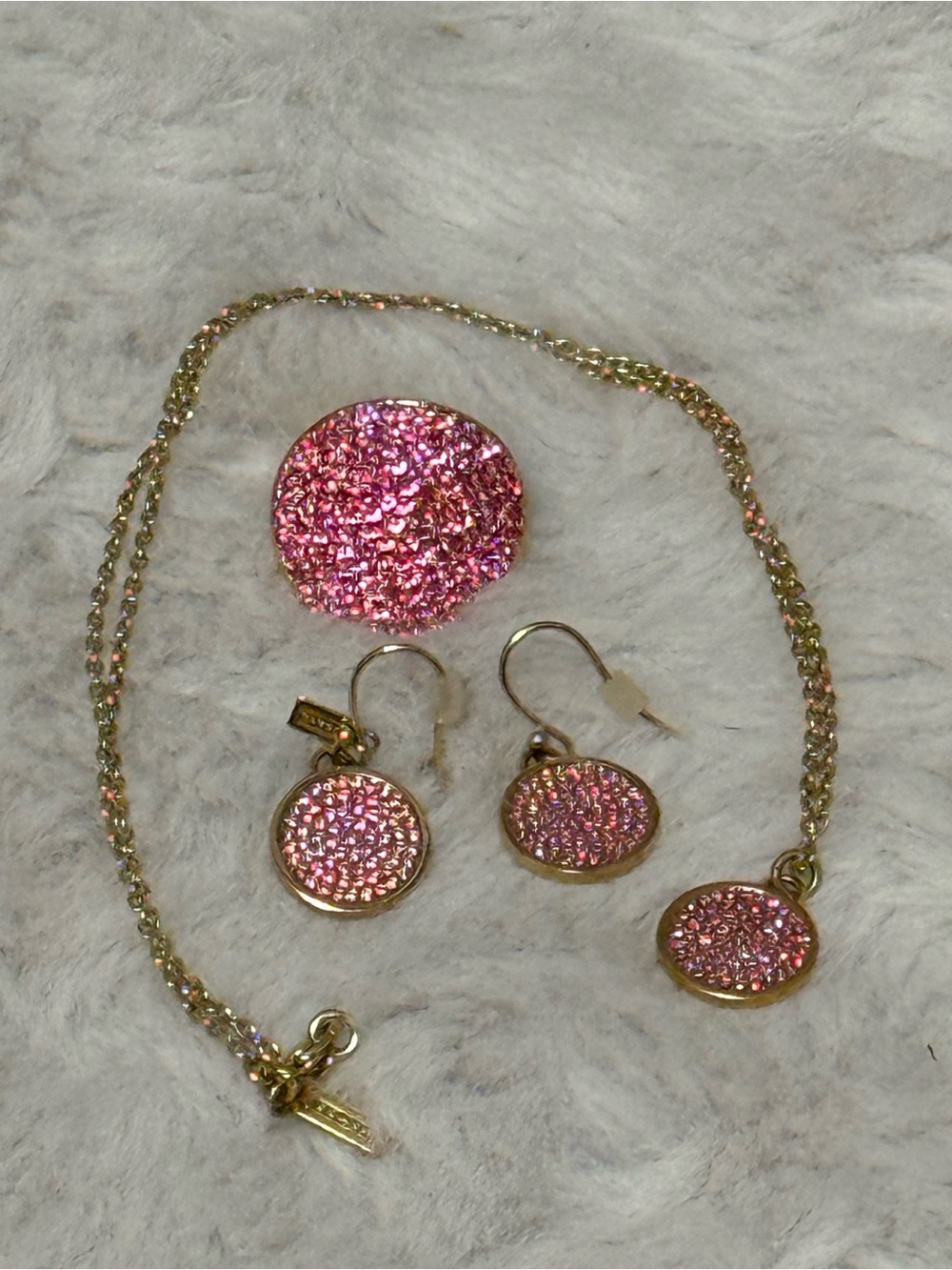 Coach Pink Druzy-Inspired Necklace, Earring and Ring Set - Gold-Tone. NWOT - Picture 5 of 15